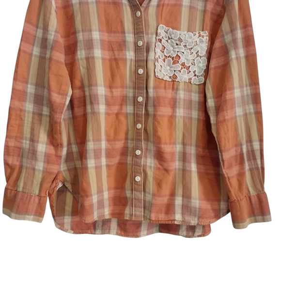 Hippie Laundry Size L Crochet Embellished Plaid Button Cowgirl Long Sleeve Shirt - Picture 5 of 11